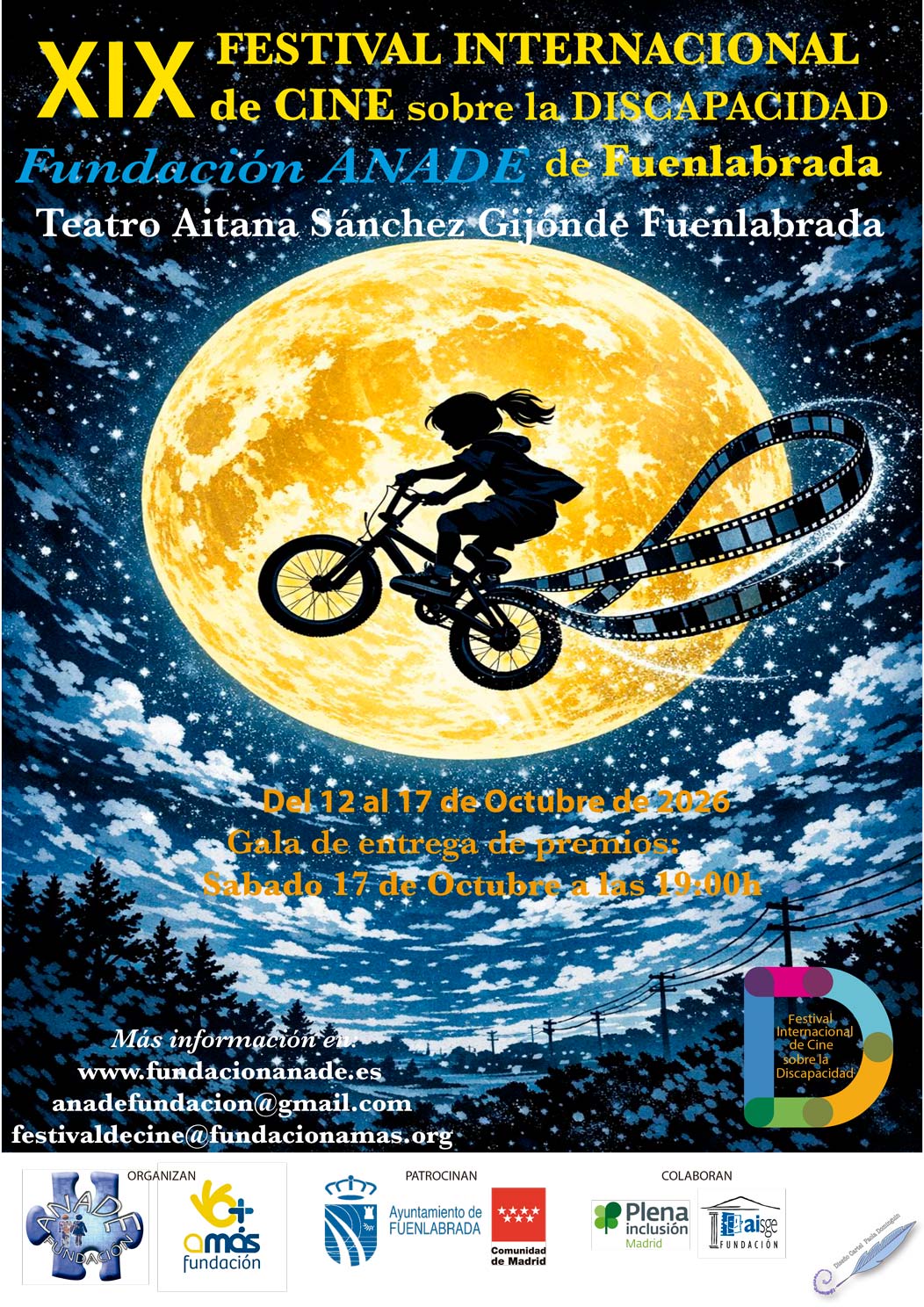 Cartel del XIX Festival Internacional de Cine sobre la Discapacidad: una niña en bicicleta parece volar frente a una luna enorme, con una cinta de película ondulante y texto de fechas y patrocinadores abajo.